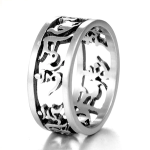 Vintage Stainless Steel Six-Character Mantra Ring Hollow Buddhist Om Mani Padme Hum Religious Band Jewelry For Men Women