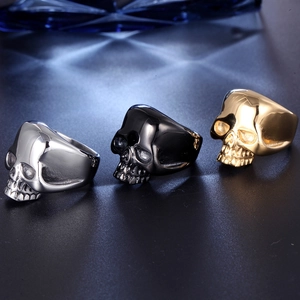 Skull stainless steel rings for men in silver, gold, and black colors for biker style