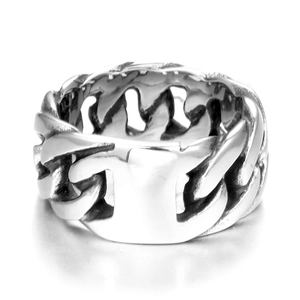 Sleek silver stainless steel cuban link chain ring with a central H-shaped polished plaque