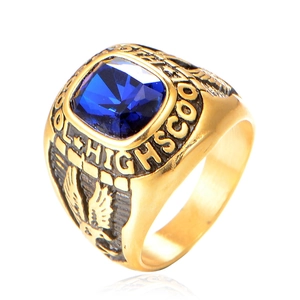 Vintage Men Stainless Steel Eagle High School Class Ring Gold Plated Square Rhinestone Inlaid Graduation Party Jewelry