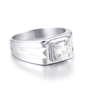 Men's wide stainless steel wedding ring with round cubic zirconia and side grooves