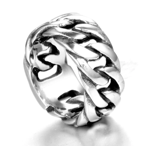 Vintage stainless steel wide band ring featuring a dense Cuban chain link texture finish