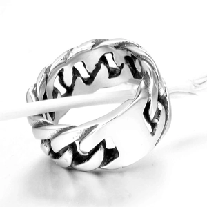 Polished silver stainless steel Cuban link chain ring with minimalist hollow structure
