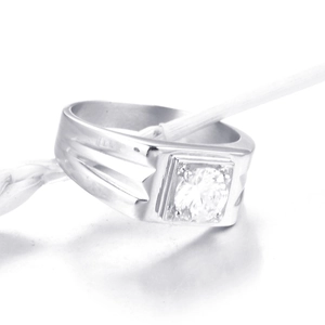 Polished men's stainless steel wide band ring featuring a brilliant solitaire zircon