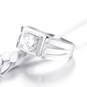 Mens vintage stainless steel wedding ring with square-cut stone and ribbed texture