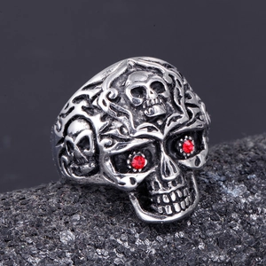 Gothic skull ring for men in stainless steel featuring striking red zircon eyes