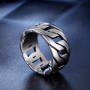 Vintage silver Cuban link chain ring for men with wide hollowed-out industrial design