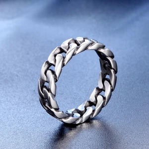Retro silver cuban link chain ring for men with a polished vintage steel finish