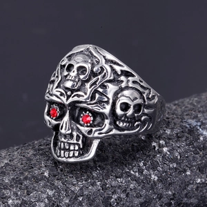 Gothic skull ring for men in stainless steel with striking red crystal eyes and carving