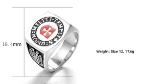 Detail view of Knight Templar signet ring with red enamel cross and side relief