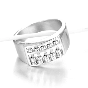 Polished stainless steel ring with creative abacus design on a clean white background