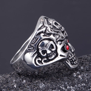 Gothic men's skull ring in vintage silver steel with red rhinestone eyes detail