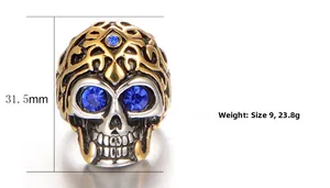 Detailed macro view of vintage skull ring with blue gemstones and 31.5mm height dimension