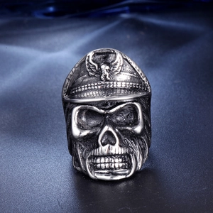 Vintage punk silver skull ring featuring a detailed military officer hat with eagle emblem