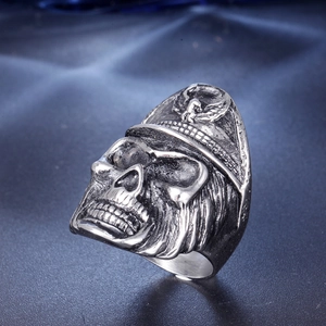 Men's punk skull ring with military cap and eagle logo in vintage stainless steel