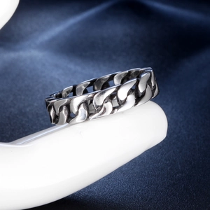 Mens vintage stainless steel cuban chain ring displayed on a white finger model