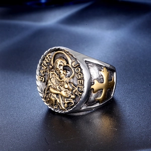 Vintage Saint Joseph religious steel ring with gold relief and silver finish