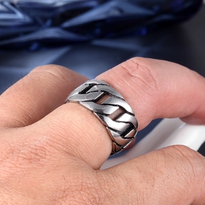 Close-up of a silver cuban link chain ring made of durable stainless steel for a unisex look