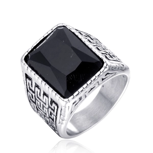 Vintage stainless steel ring for men with rectangular black gemstone and Greek key patterns