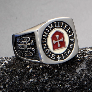 Vintage Templar Cross signet ring in stainless steel with red enamel and eagle relief