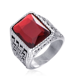 Vintage stainless steel ring with rectangle red gemstone and engraved geometric patterns