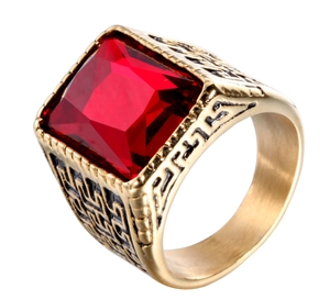 Vintage gold stainless steel ring featuring a large square red gemstone with etched details