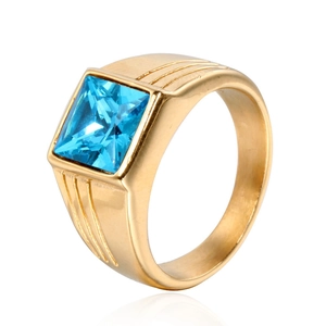 Men's fashion gold titanium steel ring with a large square sky blue gemstone inlay