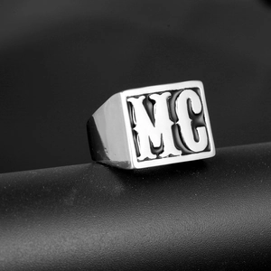 Retro stainless steel signet ring for men featuring engraved MC lettering in silver