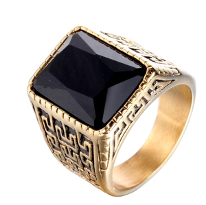 Vintage Stainless Steel Ring For Men Square Rectangular Rhinestone Gemstone Greek Key Pattern Retro Punk Band Finger Jewelry