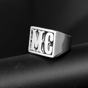 Retro stainless steel MC signet ring for men with polished vintage biker aesthetic