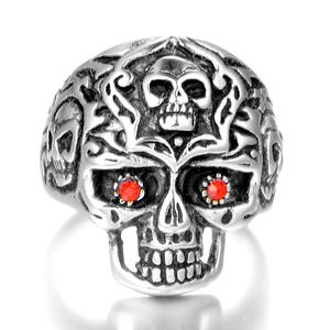 Gothic skull ring for men in silver stainless steel with red crystal eyes and detailed carvings