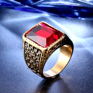 Vintage gold stainless steel men's ring with rectangle red gemstone and engraved patterns
