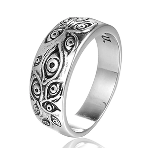 Gothic style stainless steel open ring featuring vintage silver evil eye engravings