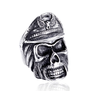 Punk Gothic Stainless Steel Skull Ring Men Vintage Antique Silver Skeleton Officer Hat Ring Biker Rock Heavy Metal Jewelry