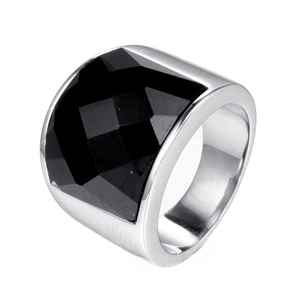 Polished vintage titanium steel ring with a large faceted rectangular black gemstone
