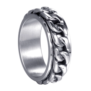 Polished stainless steel spinner ring for men with rotatable Cuban link chain design