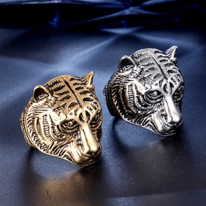 Gothic punk tiger head couple rings in gold and silver finish with detailed realistic carving