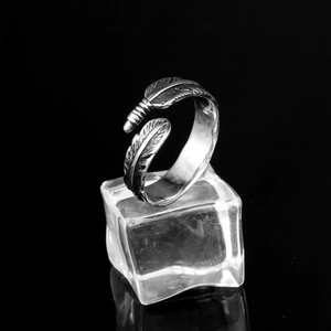 Macro detail of silver feather ring with intricate texture on a dark industrial background