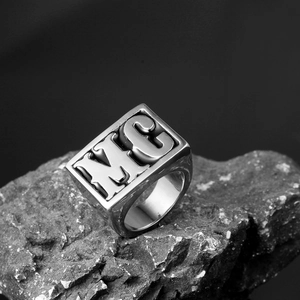 Vintage stainless steel square signet ring for men featuring an embossed MC letter design