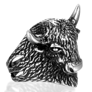 Gothic bull head stainless steel biker ring with vintage carved hair texture and horns