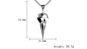 Gothic retro bird skull pendant necklace in silver finish with size and weight metrics