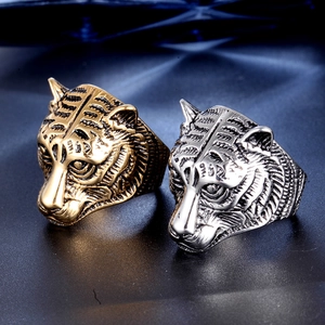 Gothic tiger head couple rings in vintage gold and silver stainless steel finishes