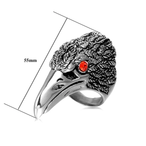 Detailed macro view of retro eagle head ring showing 55mm length and red zircon eye