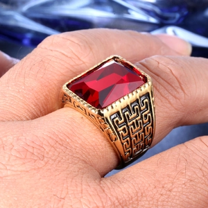 Macro shot of retro stainless steel ring featuring red gemstone and black Greek key patterns