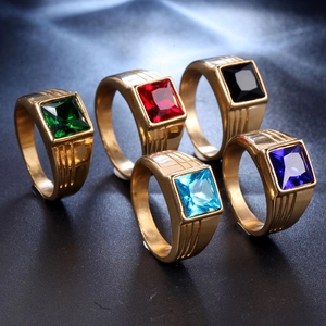 Vintage Men Titanium Steel Ring Square Rhinestone Inlaid Gold Plated Geometric Fashion Signet Ring For Daily Party Gift
