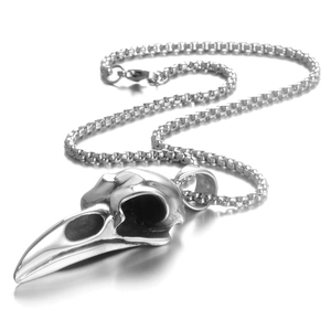 Gothic retro silver crow skull pendant necklace with vintage oxidized box chain