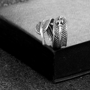 Vintage stainless steel feather open ring with embossed cross emblem in gothic style