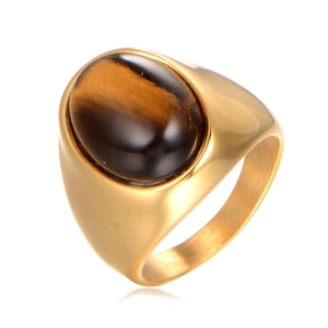 Men's vintage gold stainless steel ring with a large oval tiger eye gemstone inlay