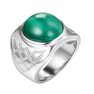 Bague en acier inoxydable avec pierre oeil de chat verte et motifs géométriques