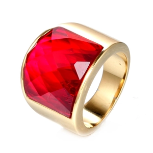 Vintage palace style titanium steel ring featuring a large faceted red gemstone inlay